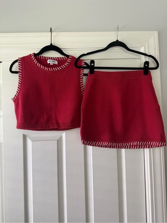 Day + Moon Dresses & Skirts - Red Knit Mini Skirt Set with Contrast Stitching